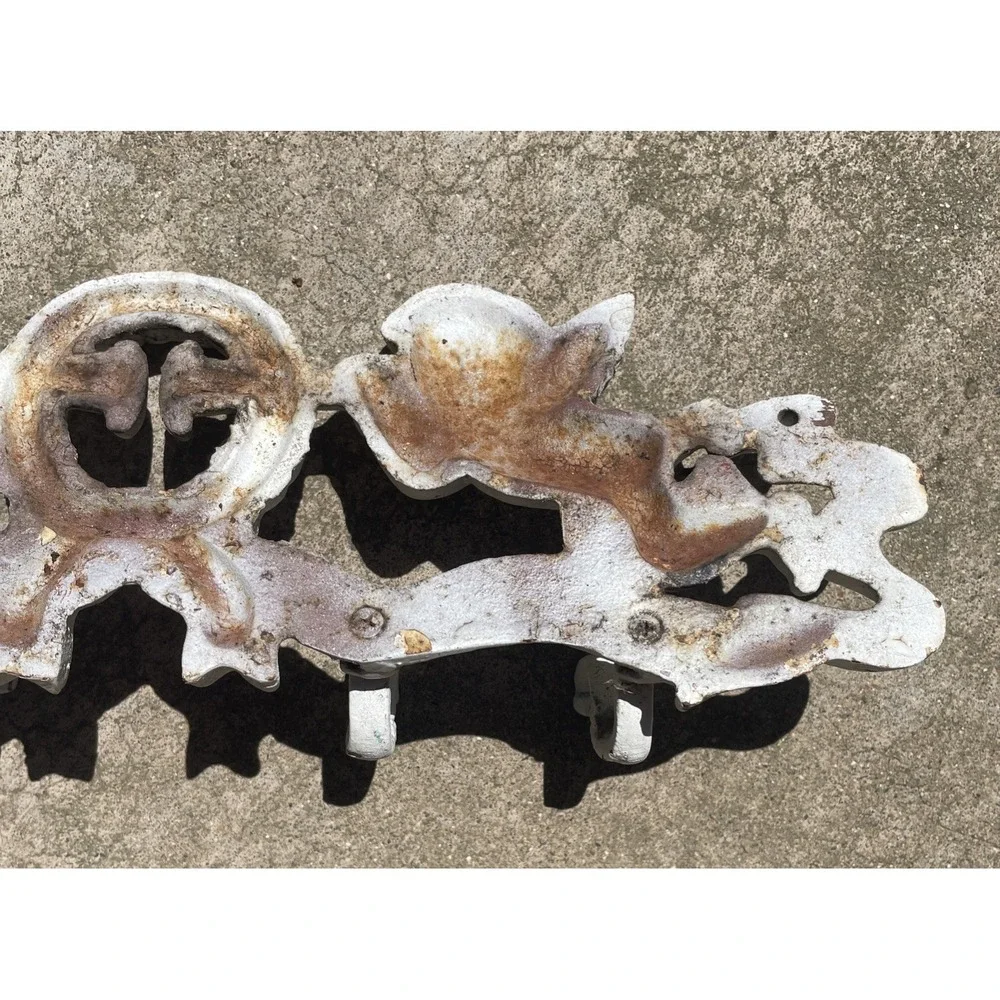 Vintage Ornate Cherub Wall Decoration Painted White Cast Wrought Iron Hook Metal